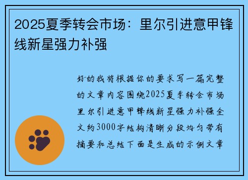 2025夏季转会市场：里尔引进意甲锋线新星强力补强